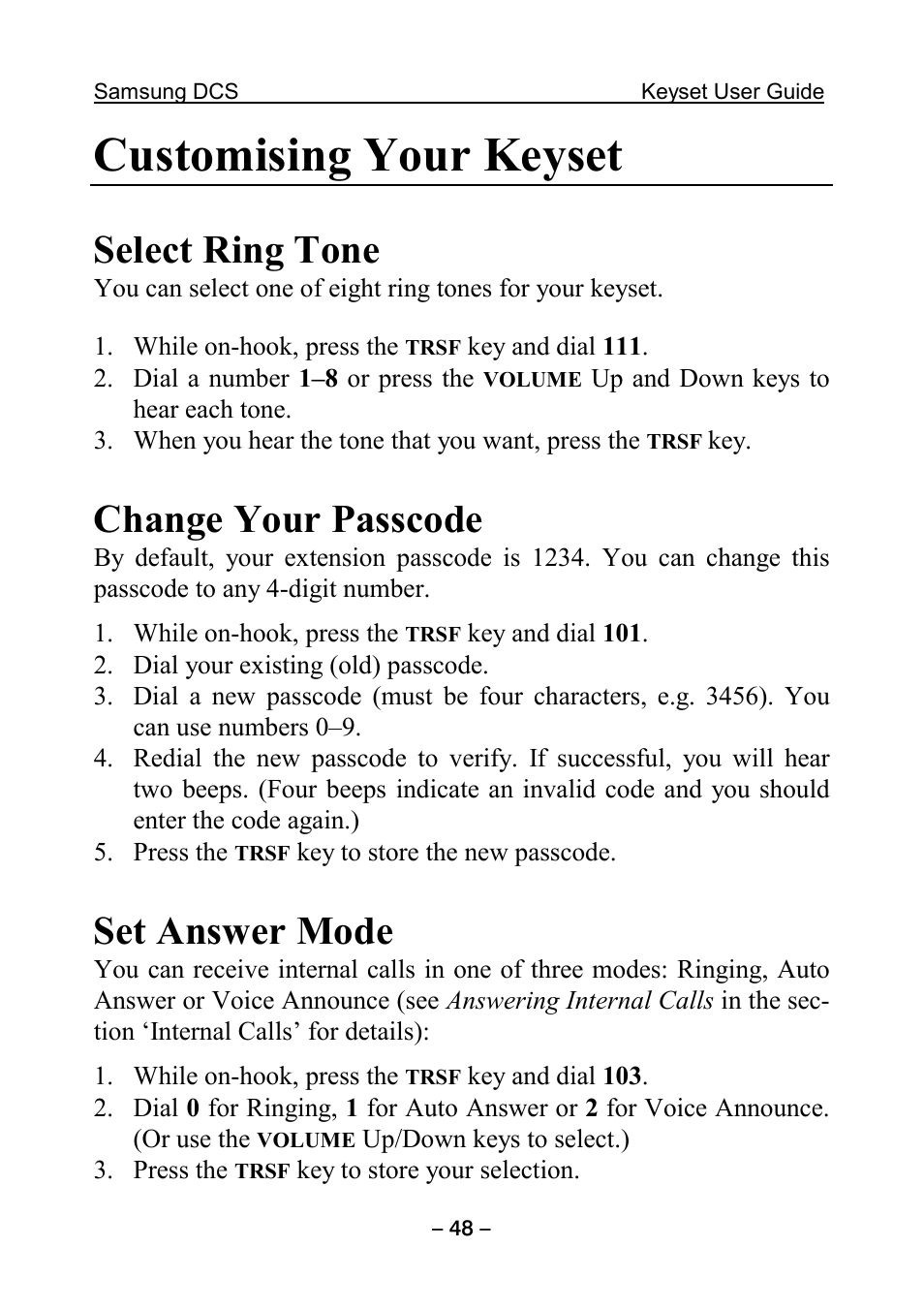 Customising your keyset, Select ring tone, Change your passcode | Set answer mode | Samsung DCS KEYSET User Manual | Page 57 / 76