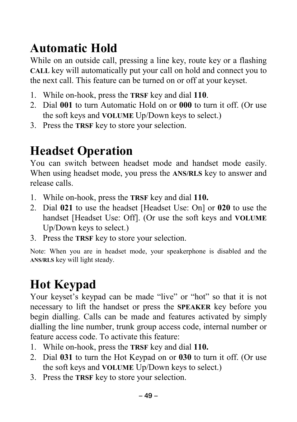 Automatic hold, Headset operation, Hot keypad | Samsung DCS KEYSET User Manual | Page 58 / 76