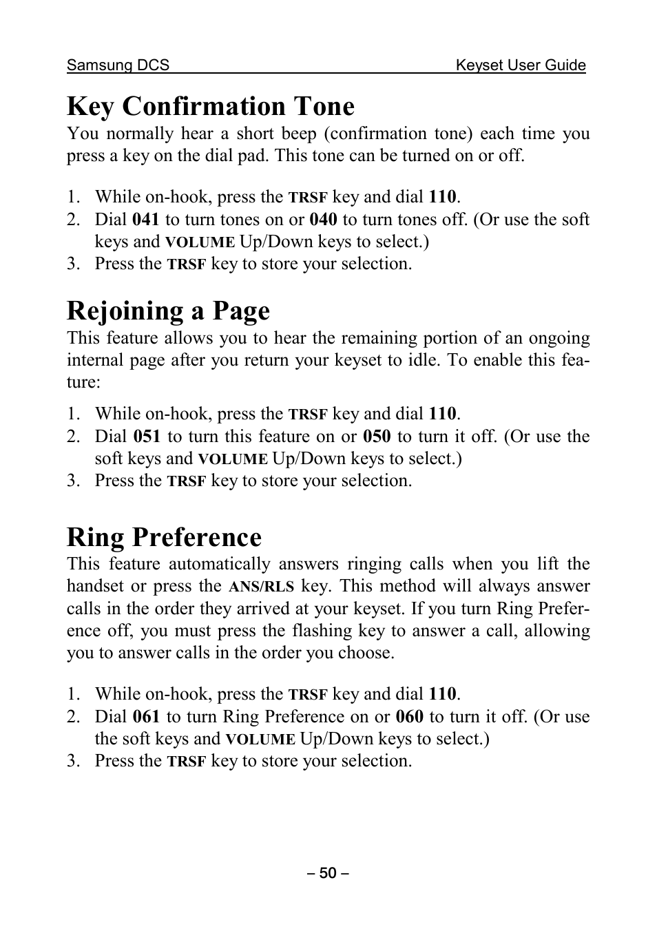 Key confirmation tone, Ring preference, Rejoining a page | Samsung DCS KEYSET User Manual | Page 59 / 76