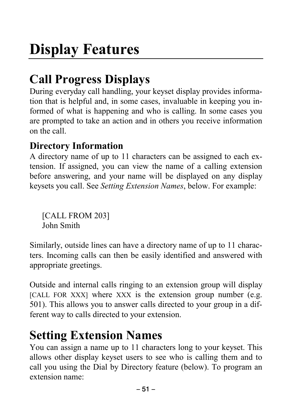 Display features, Call progress displays, Directory information | Setting extension names, Directory, Information | Samsung DCS KEYSET User Manual | Page 60 / 76