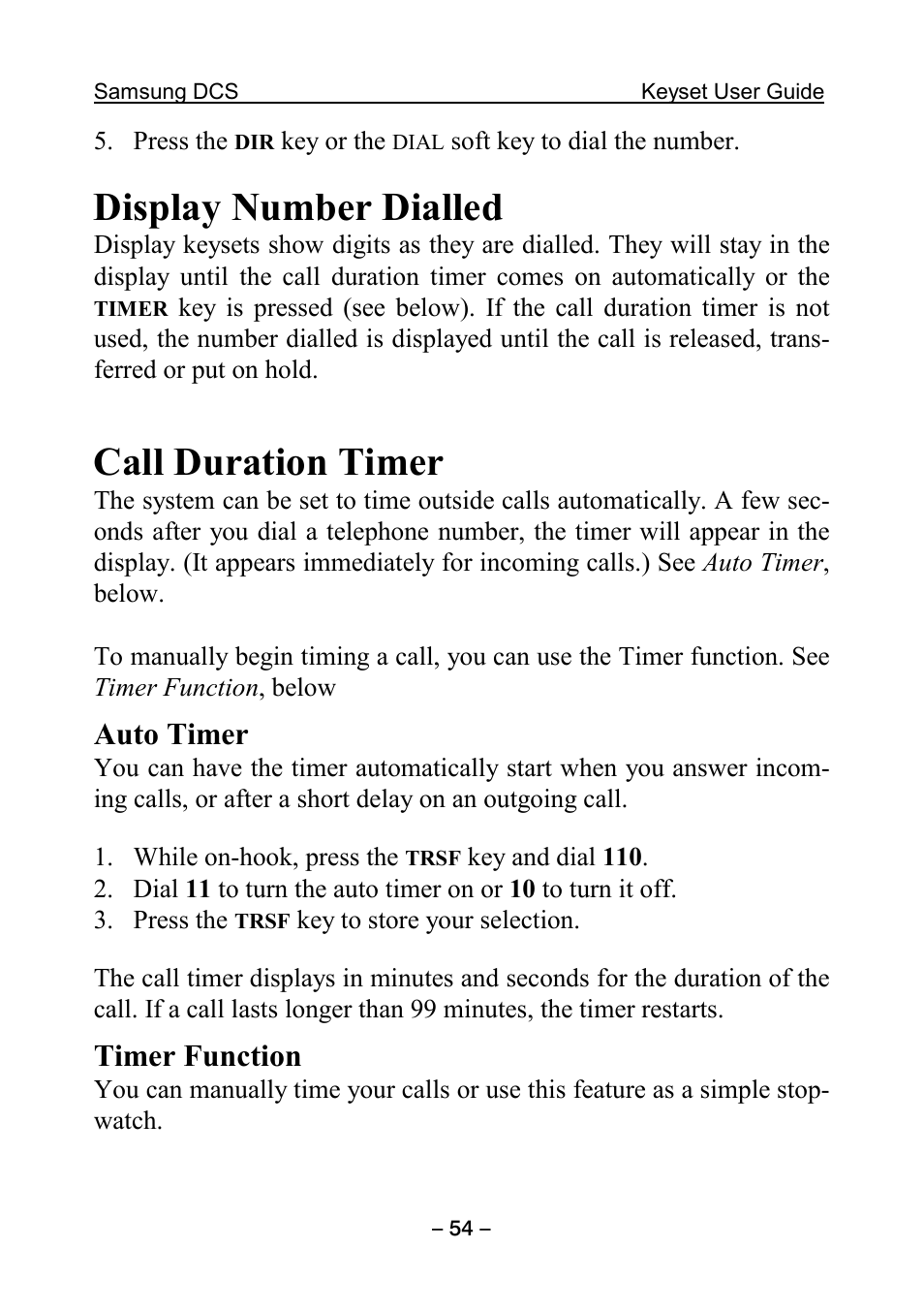 Display number dialled, Call duration timer, Auto timer | Timer function, Auto, Timer, Function | Samsung DCS KEYSET User Manual | Page 63 / 76