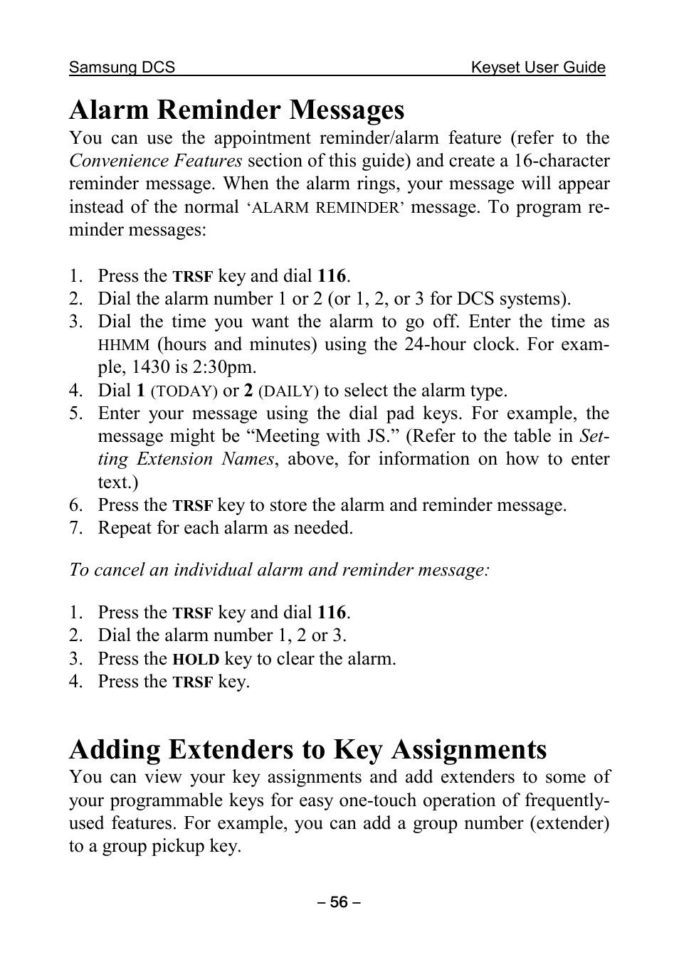 Alarm reminder messages, Adding extenders to key assignments | Samsung DCS KEYSET User Manual | Page 65 / 76