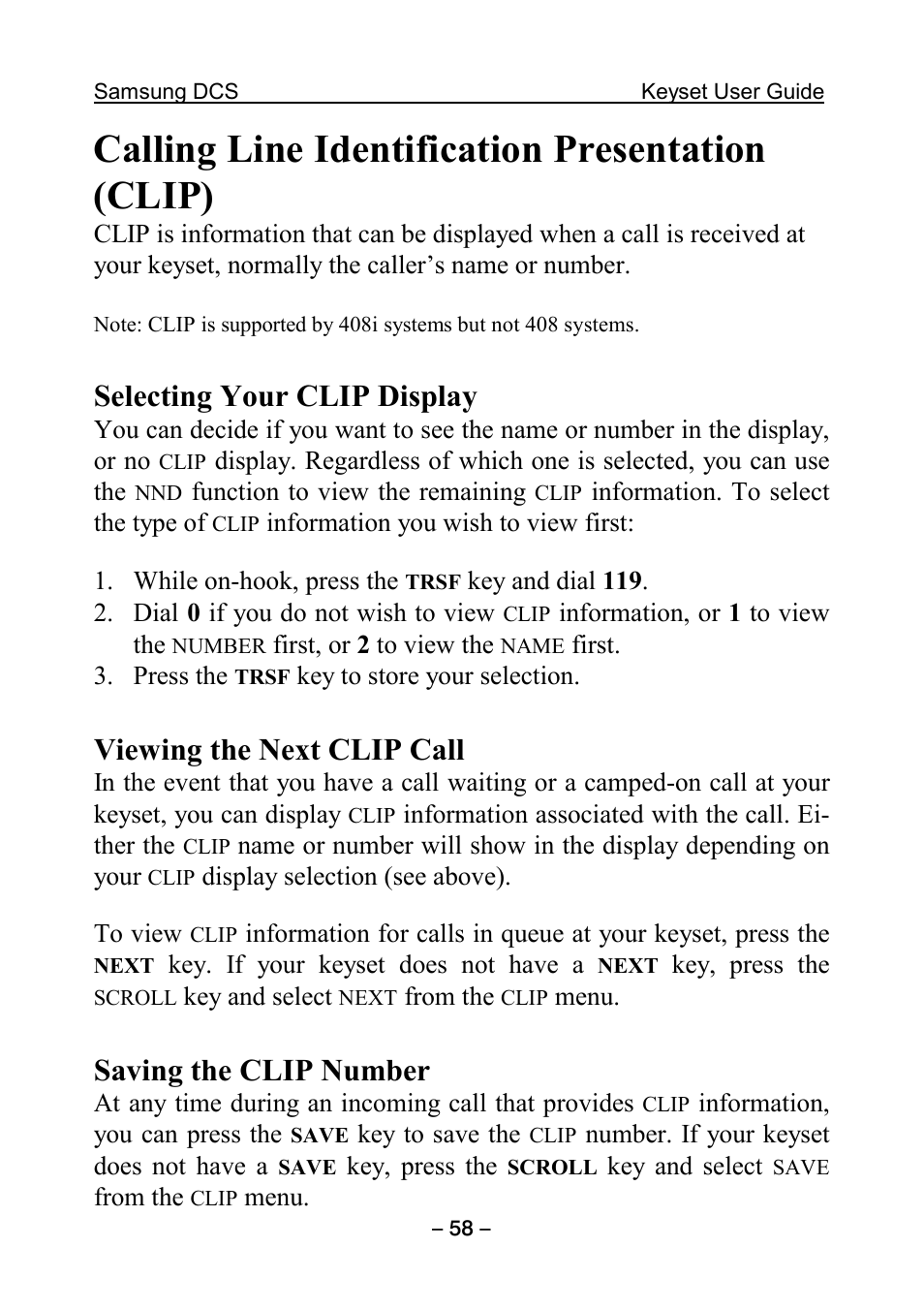 Calling line identification presentation (clip), Selecting your clip display, Viewing the next clip call | Saving the clip number | Samsung DCS KEYSET User Manual | Page 67 / 76
