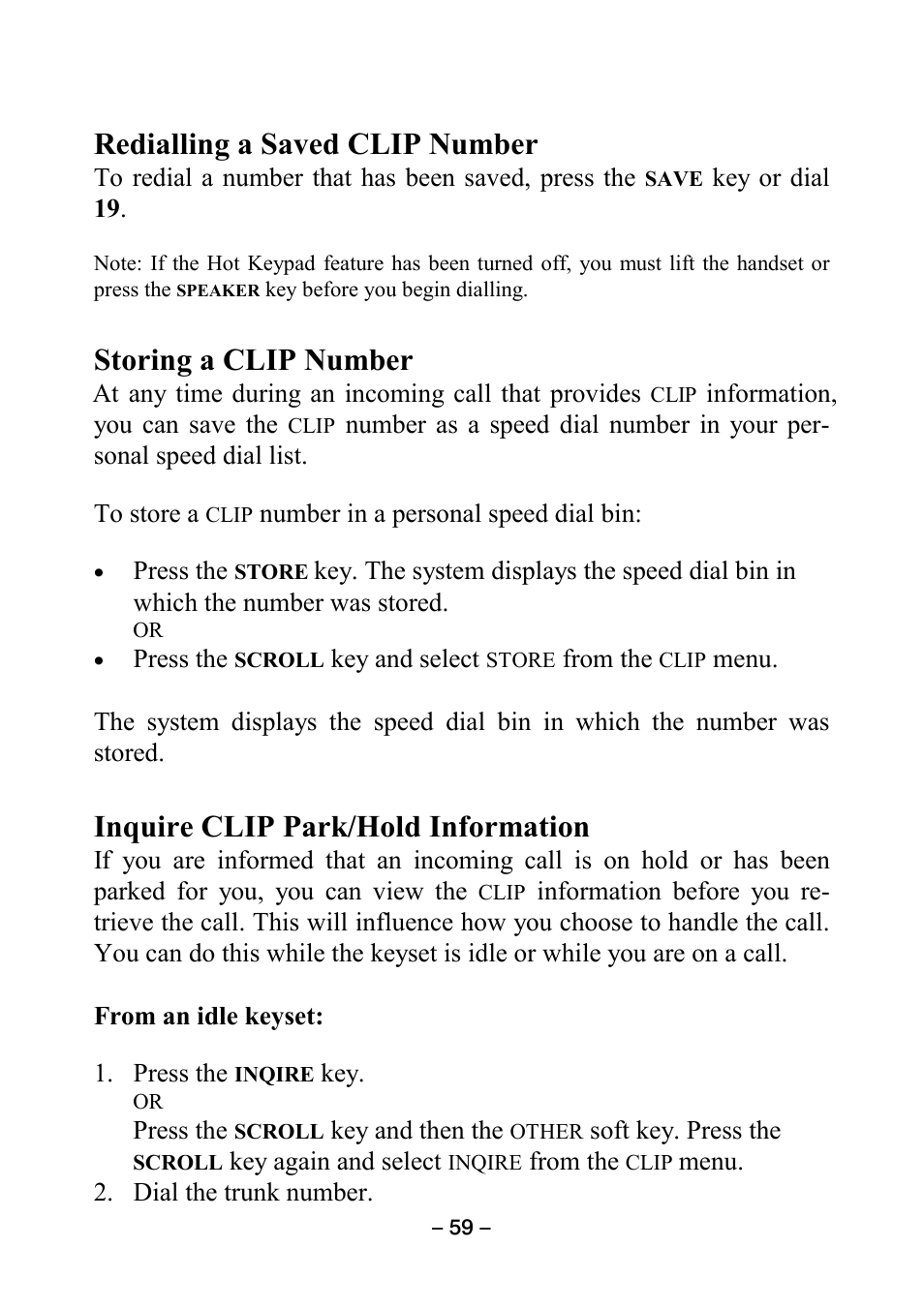 Redialling a saved clip number, Storing a clip number, Inquire clip park/hold information | Samsung DCS KEYSET User Manual | Page 68 / 76