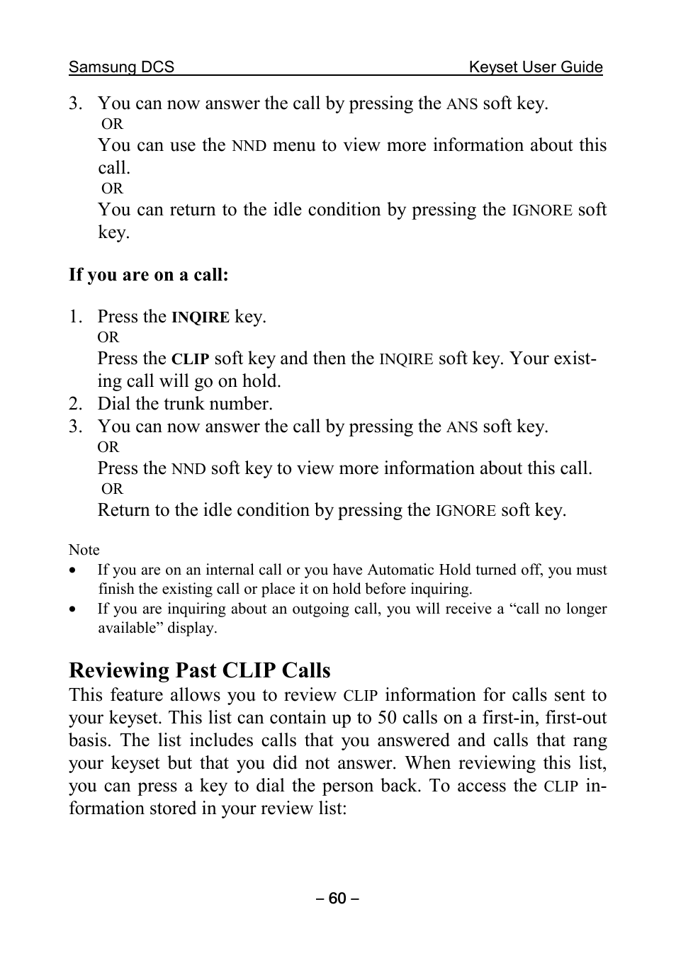 Reviewing past clip calls | Samsung DCS KEYSET User Manual | Page 69 / 76