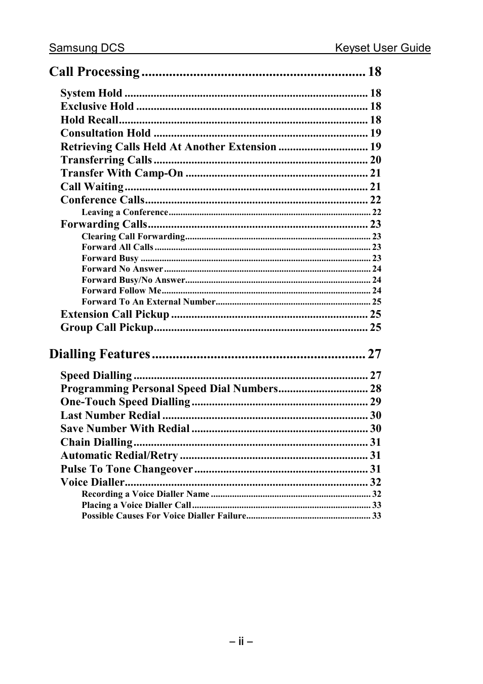 Call processing, Dialling features | Samsung DCS KEYSET User Manual | Page 7 / 76