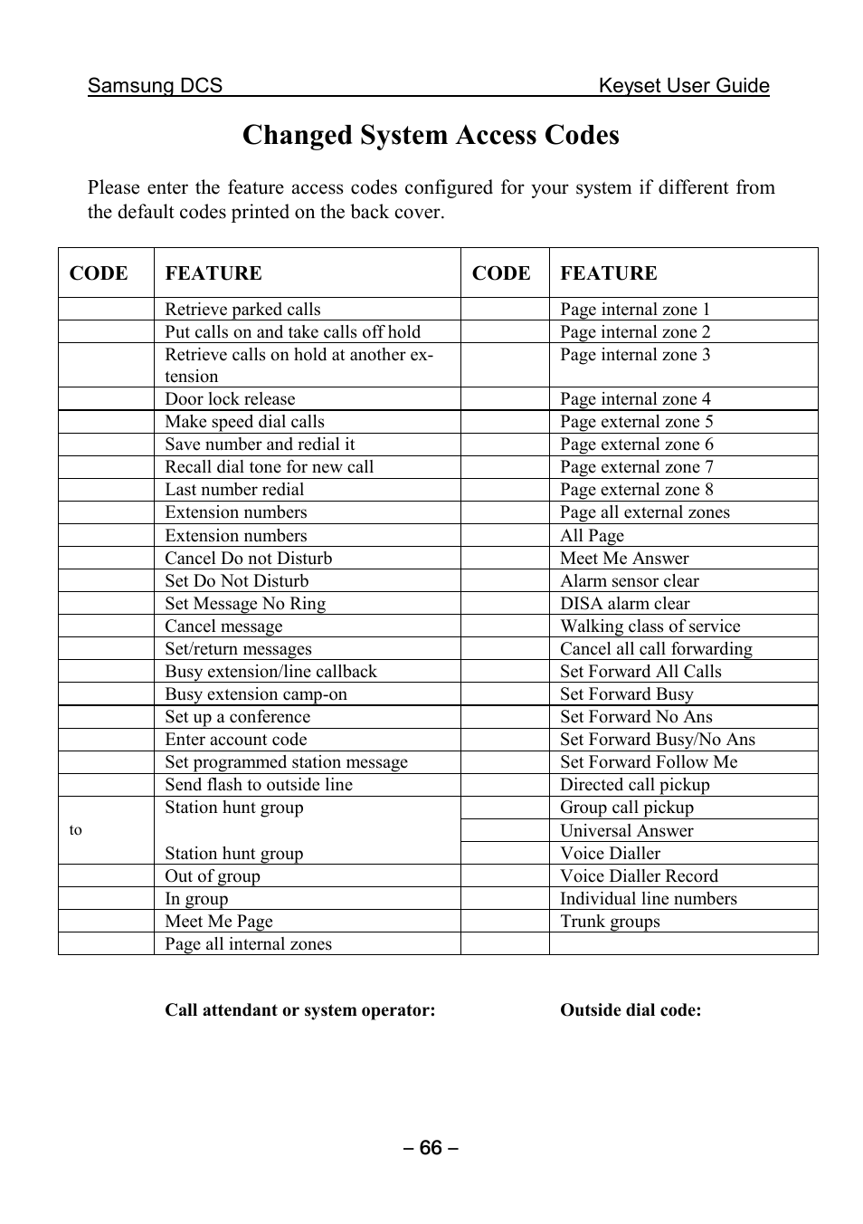 Changed system access codes | Samsung DCS KEYSET User Manual | Page 75 / 76