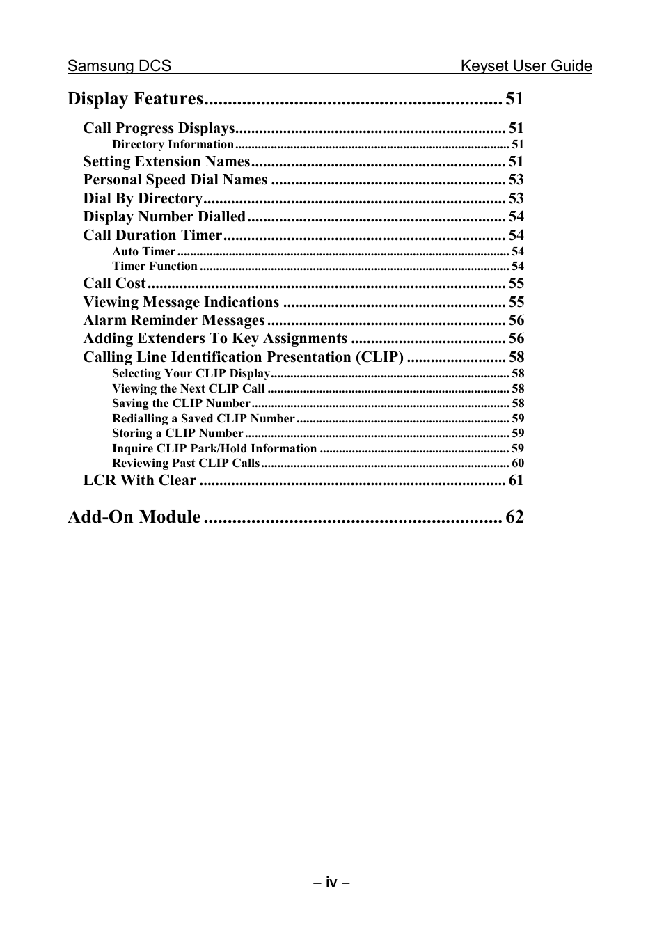 Display features, Add-on module | Samsung DCS KEYSET User Manual | Page 9 / 76