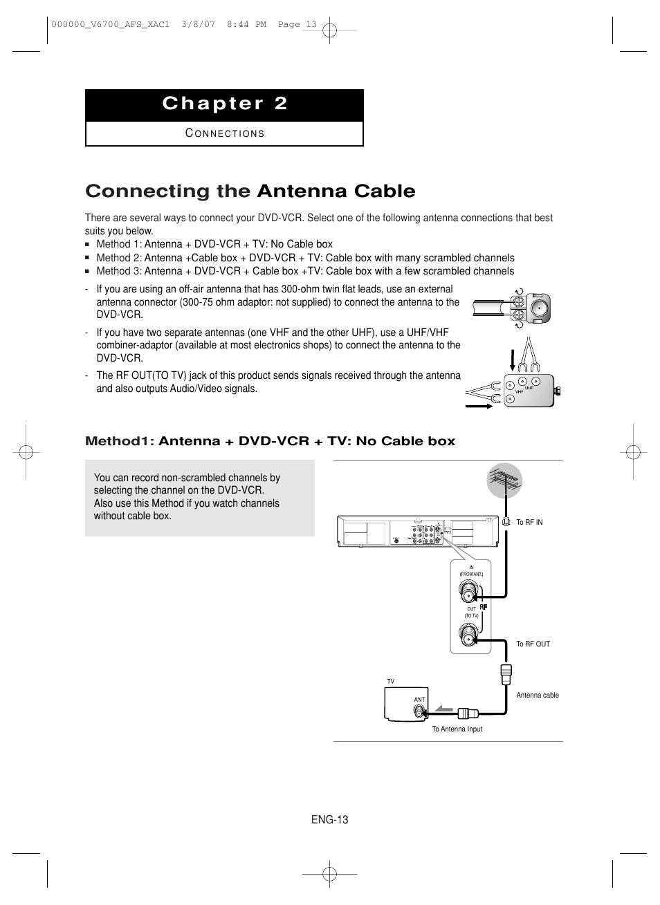 Chapter 2 connections, Connecting the antenna cable, Method1: antenna + dvd-vcr + tv: no cable box | Samsung V6700 User Manual | Page 13 / 90