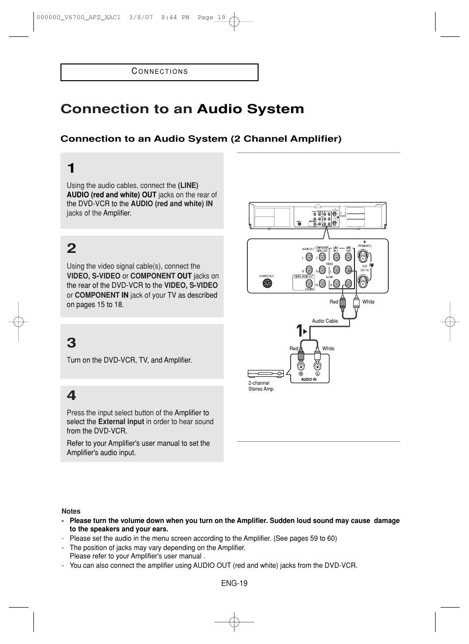 Connection to an audio system | Samsung V6700 User Manual | Page 19 / 90