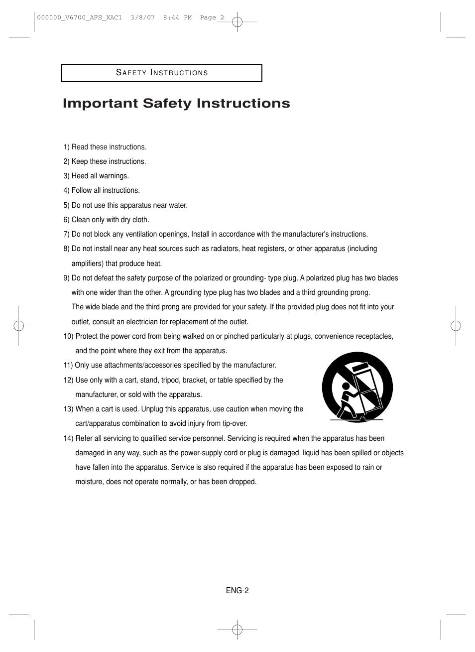 Safety instructions, Important safety instructions | Samsung V6700 User Manual | Page 2 / 90