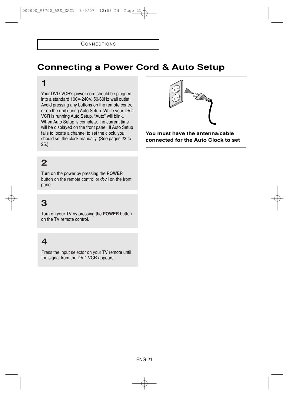 Connecting a power cord & auto setup | Samsung V6700 User Manual | Page 21 / 90