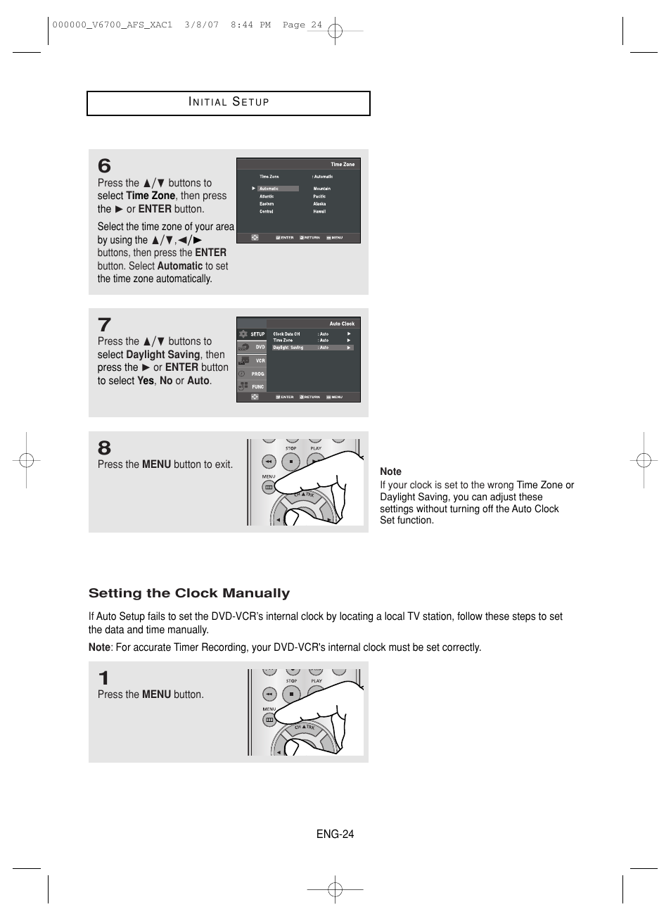 Setting the clock manually | Samsung V6700 User Manual | Page 24 / 90