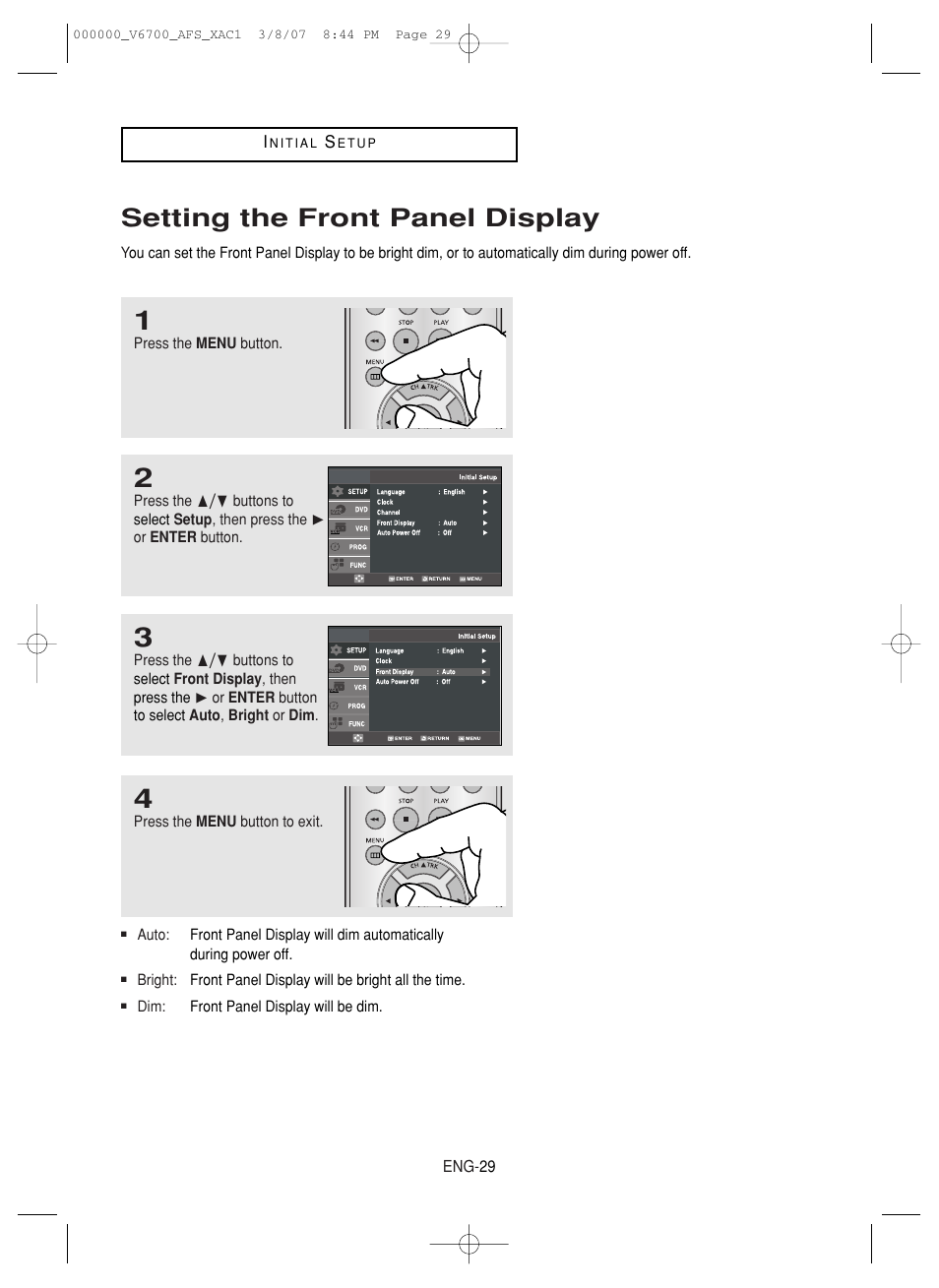 Setting the front panel display | Samsung V6700 User Manual | Page 29 / 90