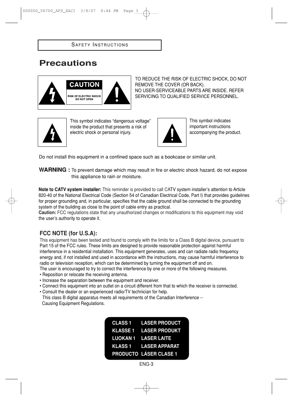 Precautions | Samsung V6700 User Manual | Page 3 / 90