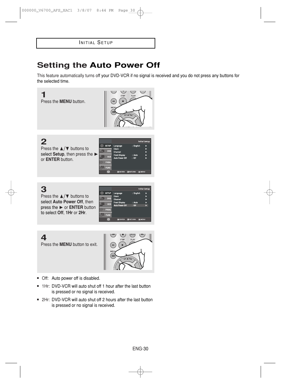 Setting the auto power off | Samsung V6700 User Manual | Page 30 / 90