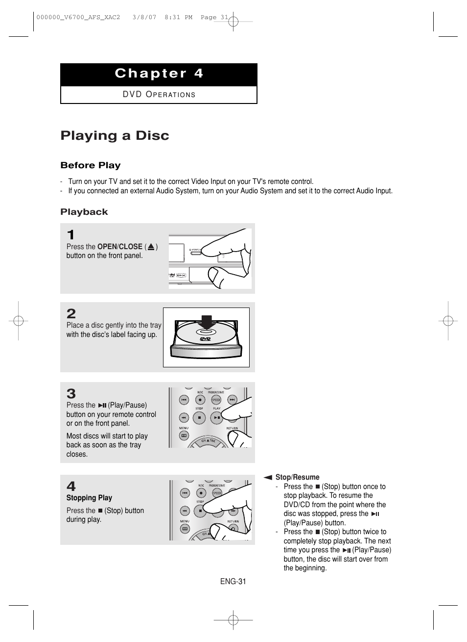 Chapter 4 dvd operations, Playing a disc | Samsung V6700 User Manual | Page 31 / 90