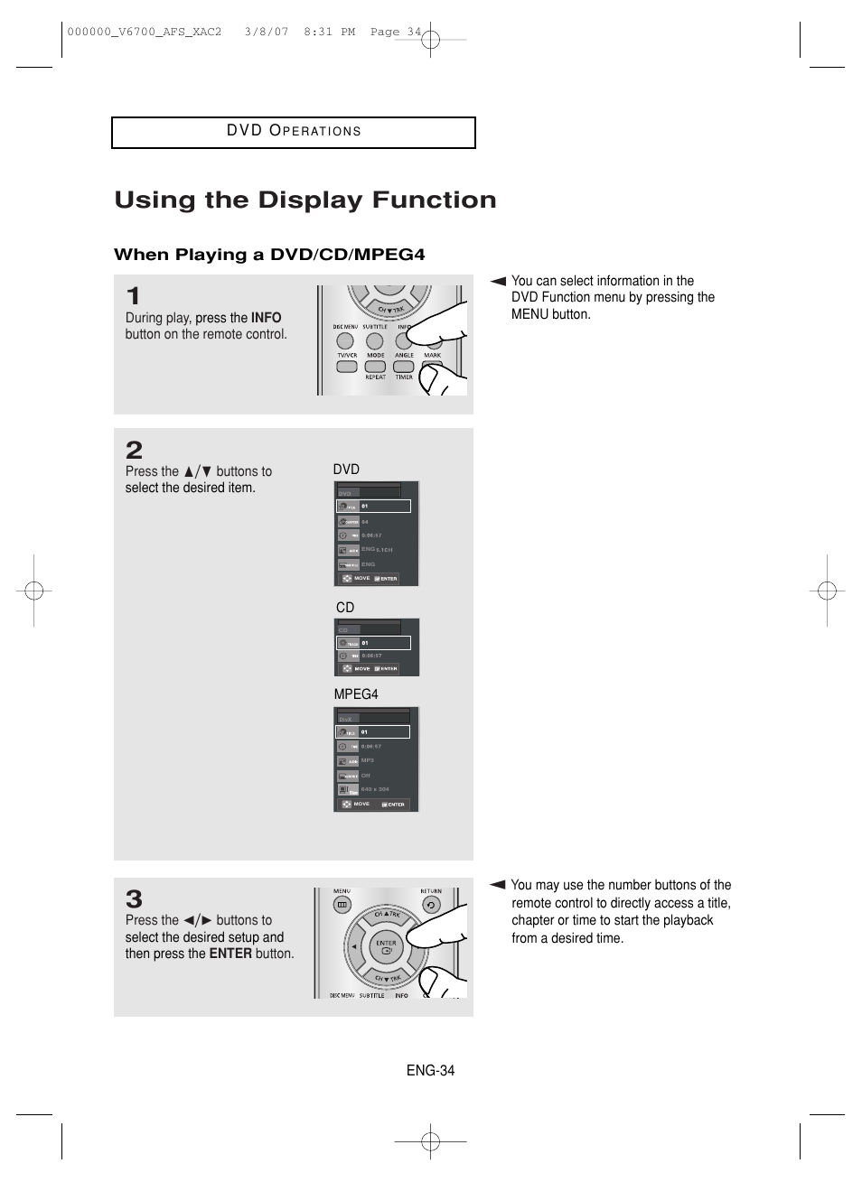 Using the display function | Samsung V6700 User Manual | Page 34 / 90