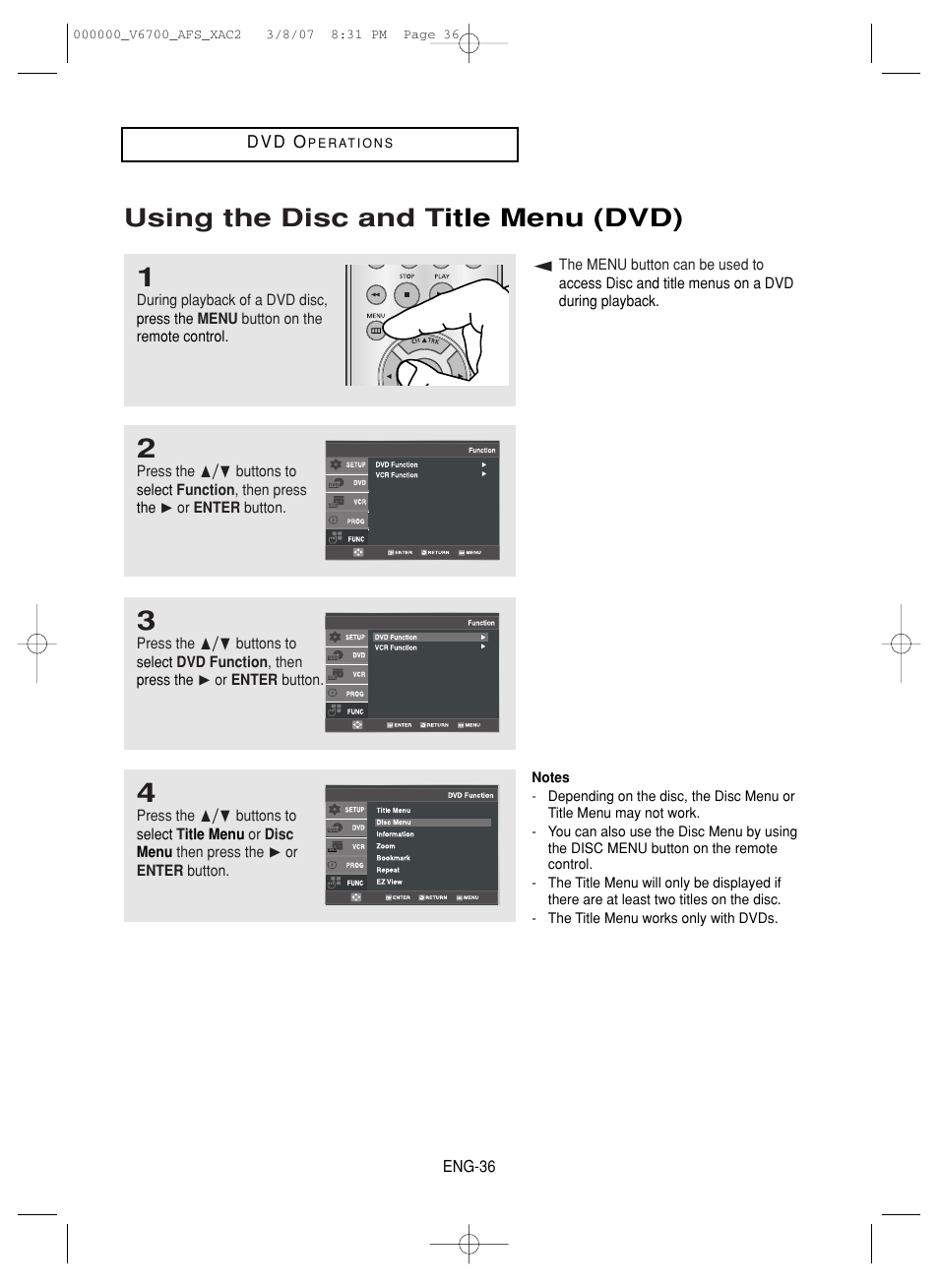 Using the disc and title menu (dvd), Using the disc and t itle menu (dvd) | Samsung V6700 User Manual | Page 36 / 90