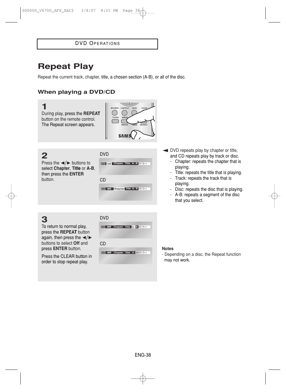 Repeat play, D v d o, When playing a dvd/cd | Samsung V6700 User Manual | Page 38 / 90