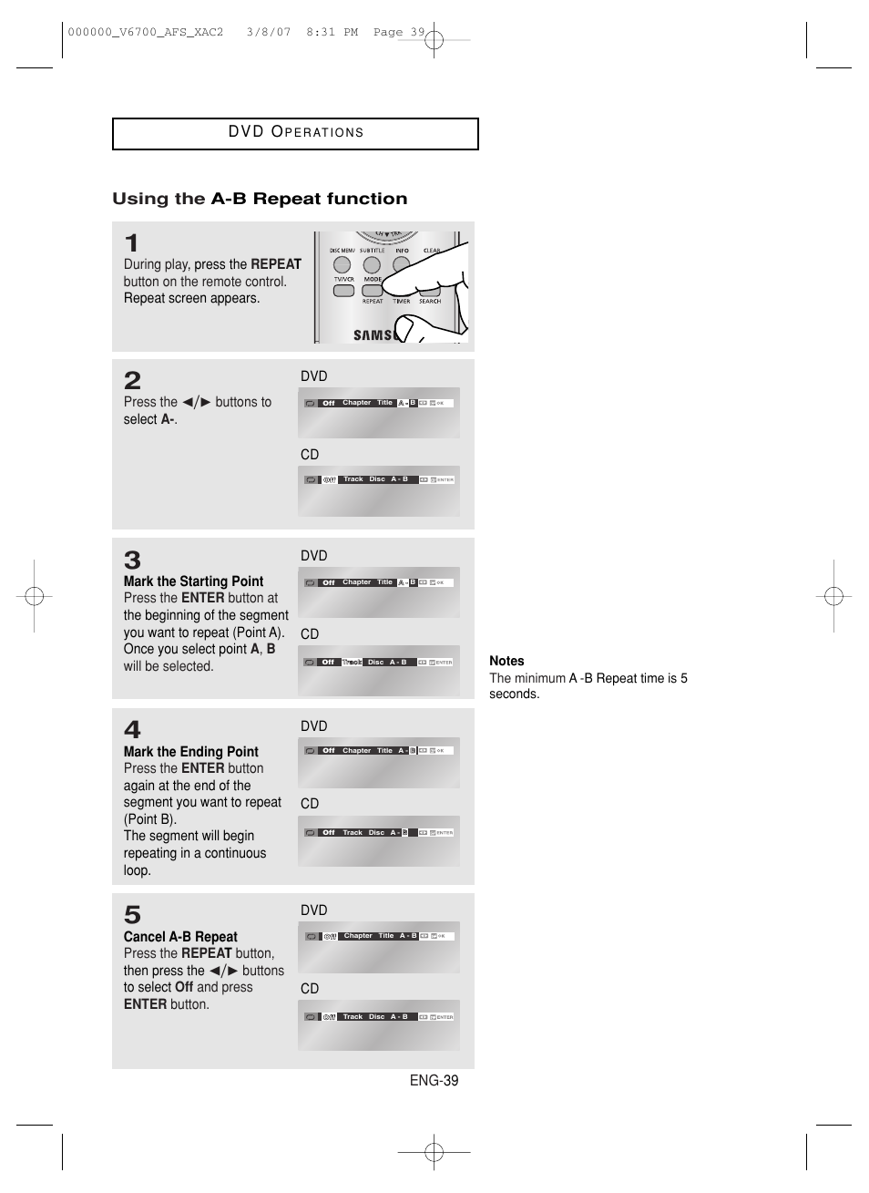 D v d o, Using the a-b repeat function, Eng- 39 | Samsung V6700 User Manual | Page 39 / 90