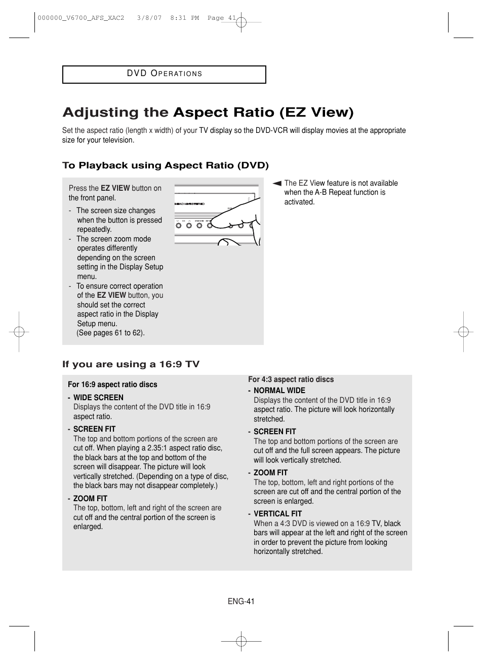 Adjusting the aspect ratio (ez view) | Samsung V6700 User Manual | Page 41 / 90