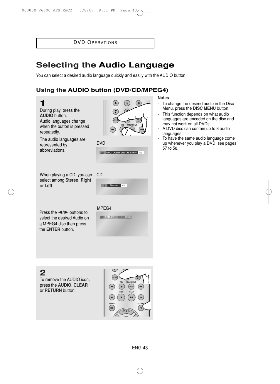 Selecting the audio language | Samsung V6700 User Manual | Page 43 / 90