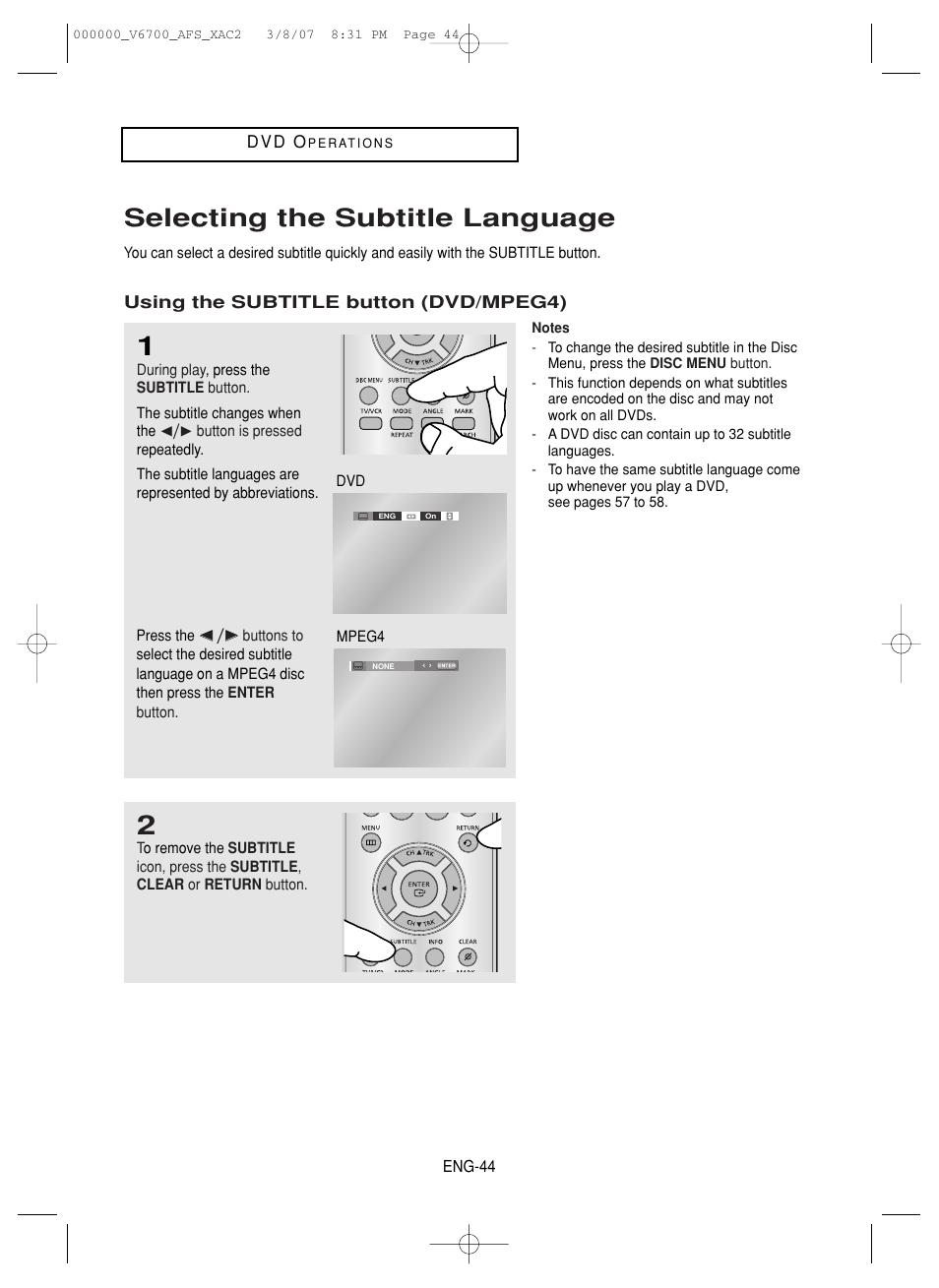 Selecting the subtitle language | Samsung V6700 User Manual | Page 44 / 90