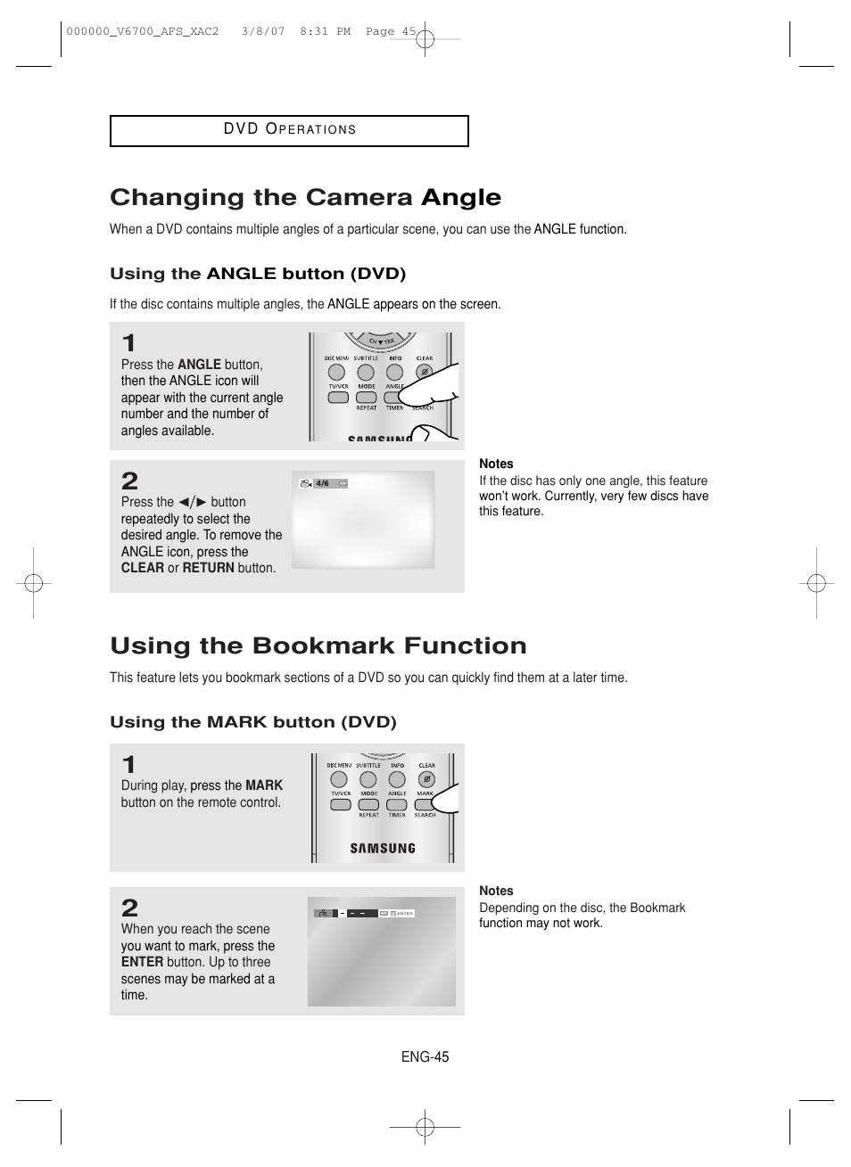 Changing the camera angle, Using the bookmark function | Samsung V6700 User Manual | Page 45 / 90
