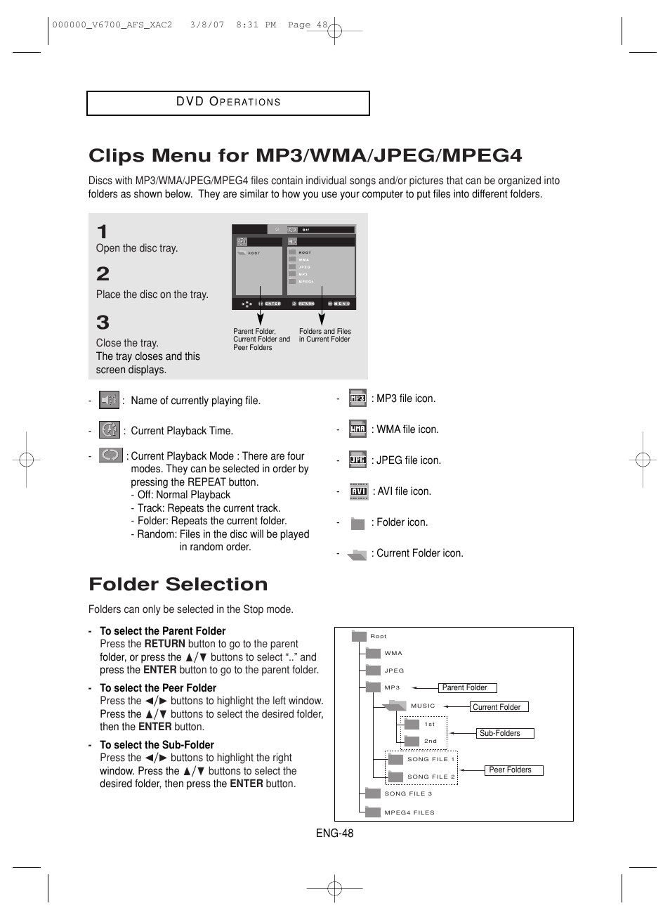 Clips menu for mp3/wma/jpeg/mpeg4, Folder selection | Samsung V6700 User Manual | Page 48 / 90