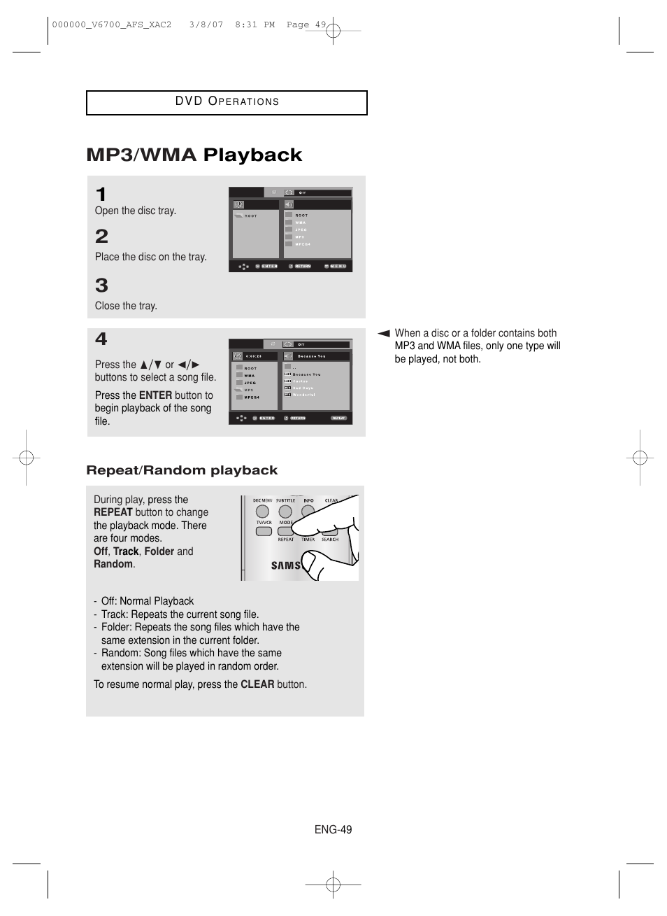 Mp3/wma playback | Samsung V6700 User Manual | Page 49 / 90