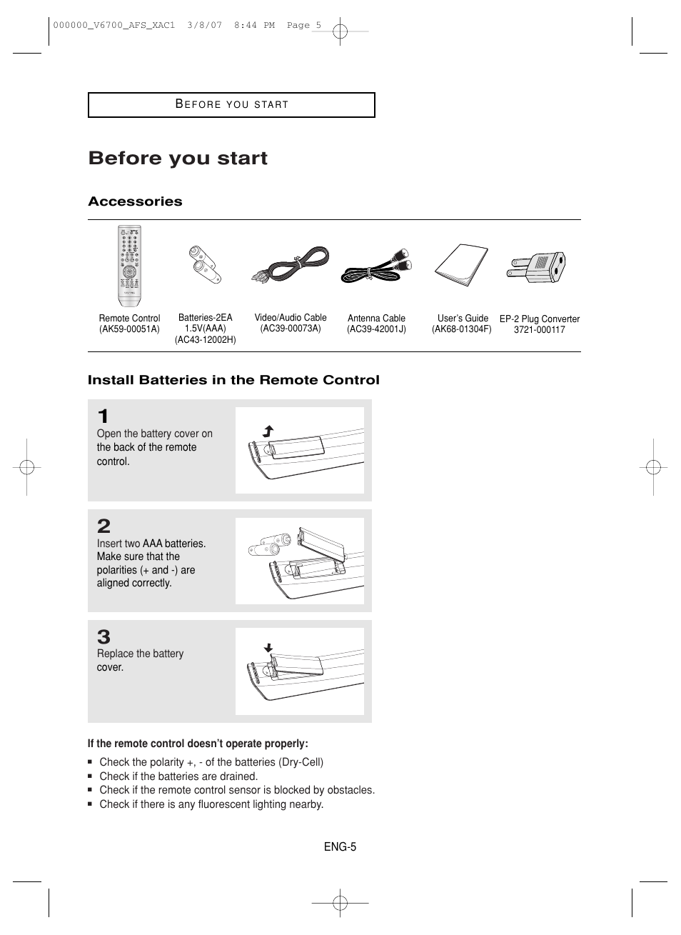 Before you start, Accessories, Install batteries in the remote control | Samsung V6700 User Manual | Page 5 / 90