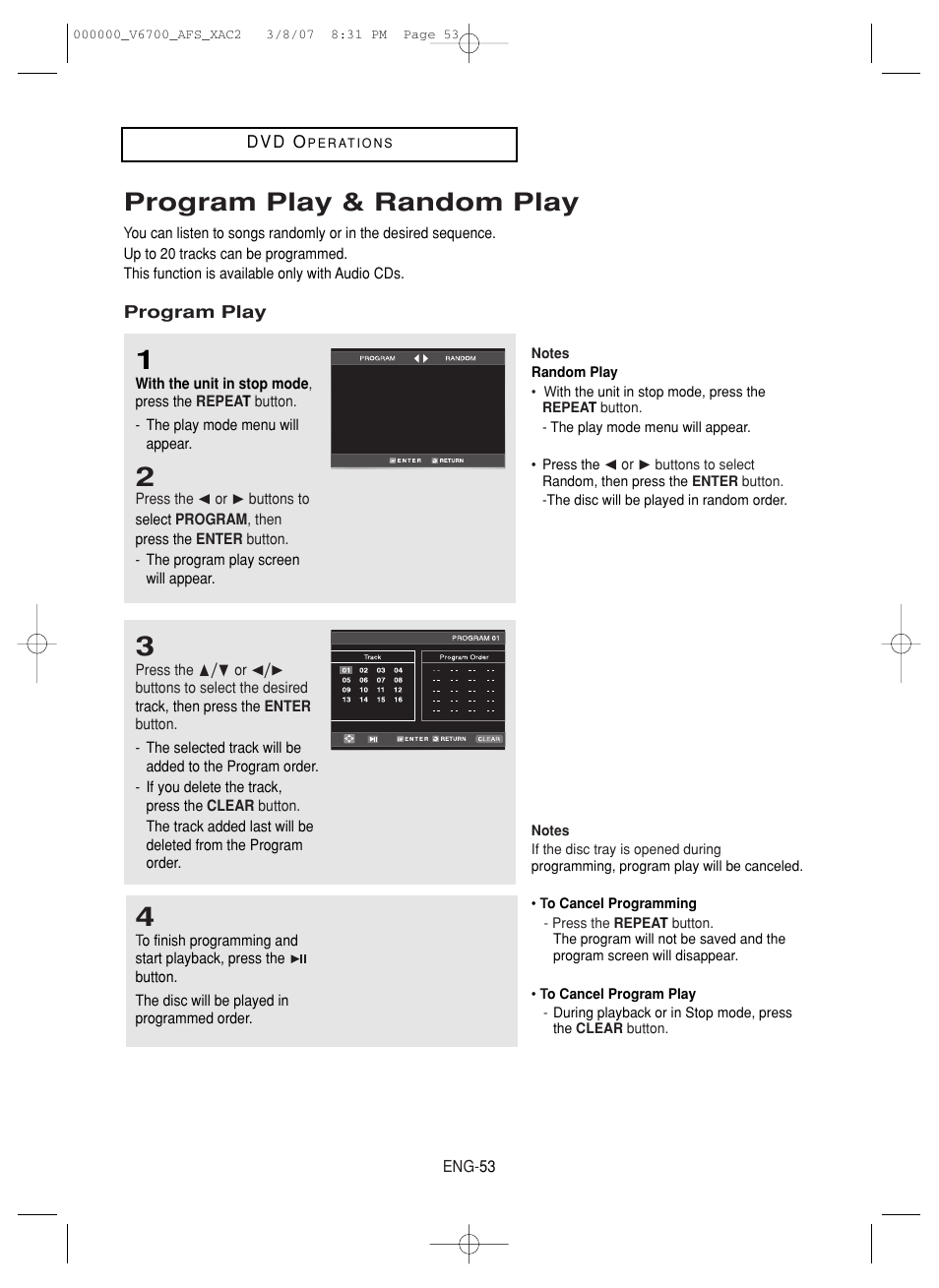 Program play & random play | Samsung V6700 User Manual | Page 53 / 90