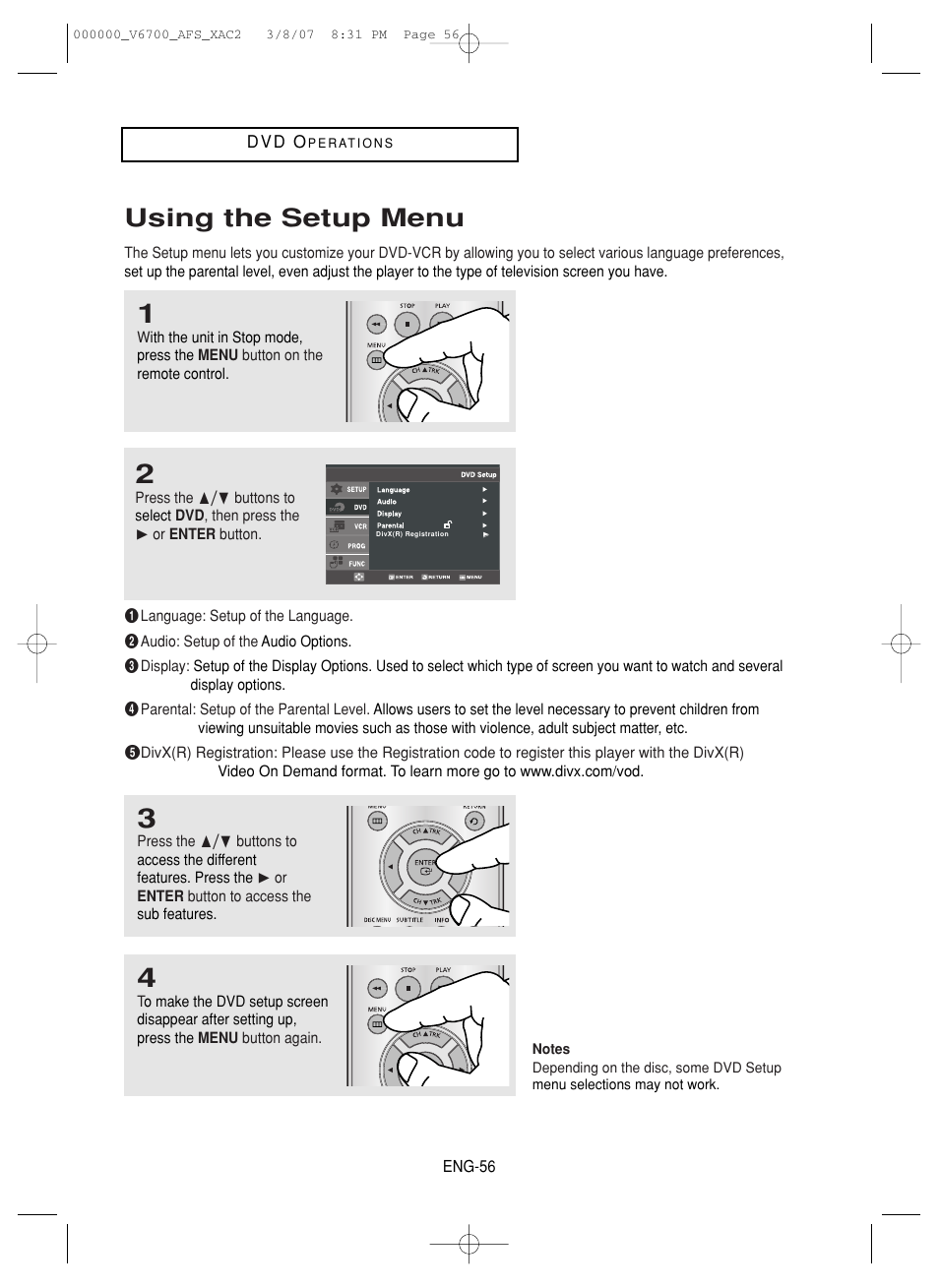 Using the setup menu | Samsung V6700 User Manual | Page 56 / 90