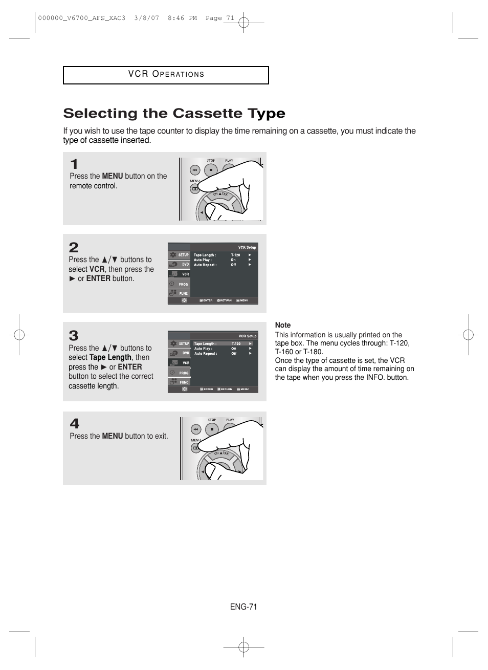 Selecting the cassette type, Selecting the cassette t ype | Samsung V6700 User Manual | Page 71 / 90