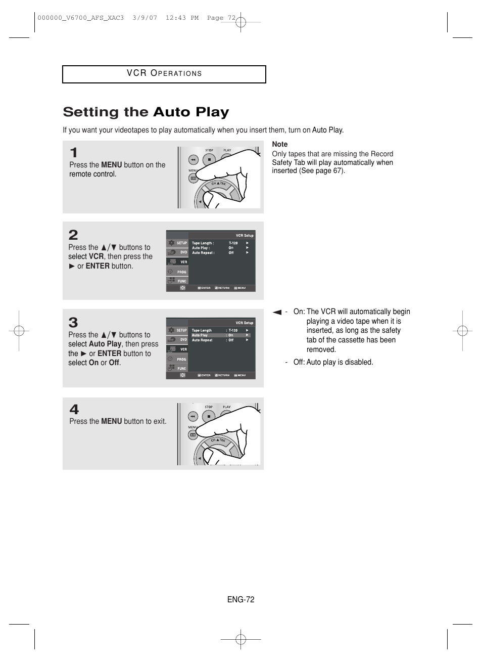 Setting the auto play | Samsung V6700 User Manual | Page 72 / 90