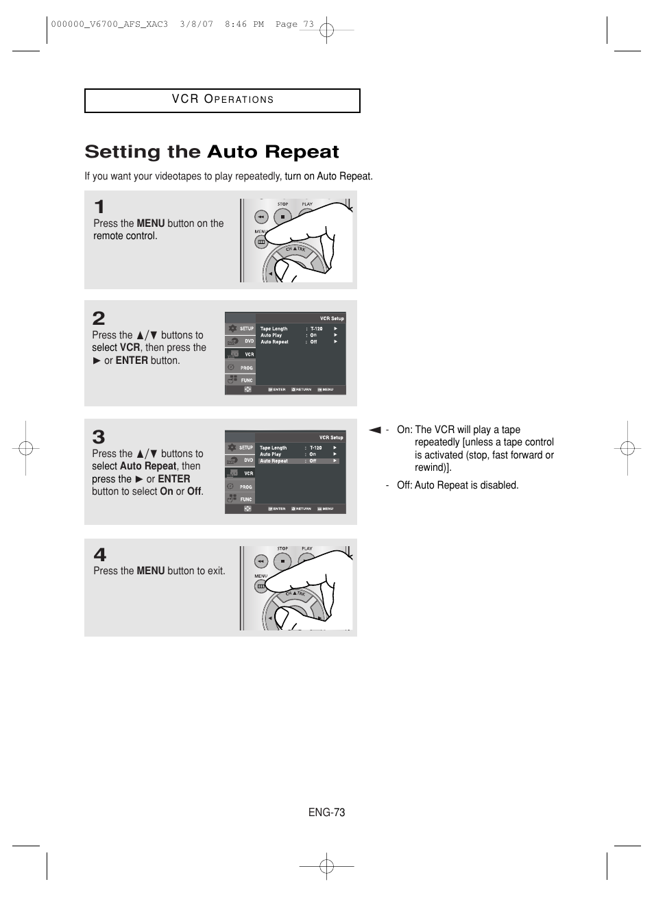 Setting the auto repeat | Samsung V6700 User Manual | Page 73 / 90