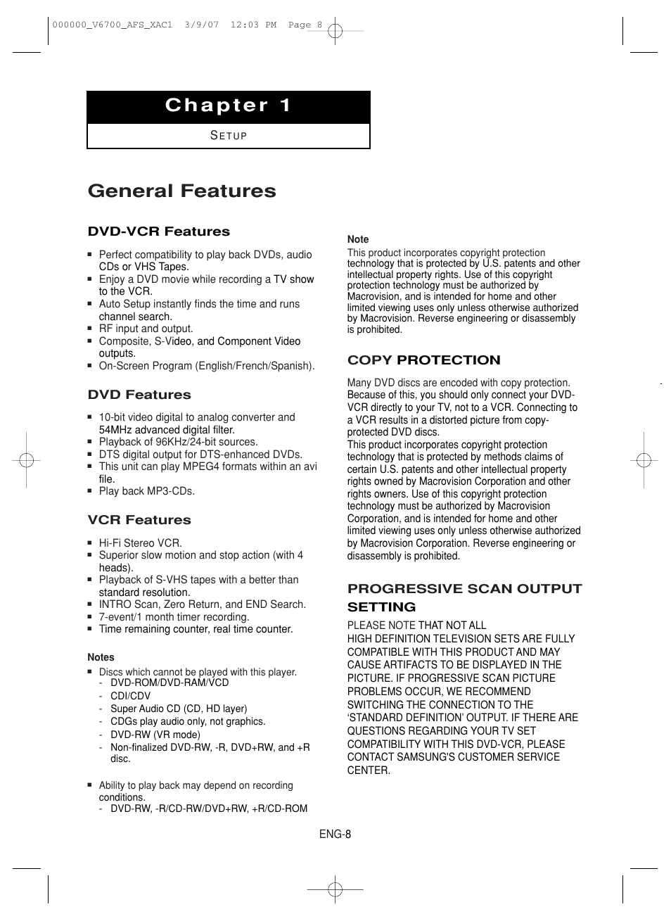 Chapter 1 setup, General features, Dvd-vcr features | Dvd features, Vcr features, Copy protection, Progressive scan output setting | Samsung V6700 User Manual | Page 8 / 90