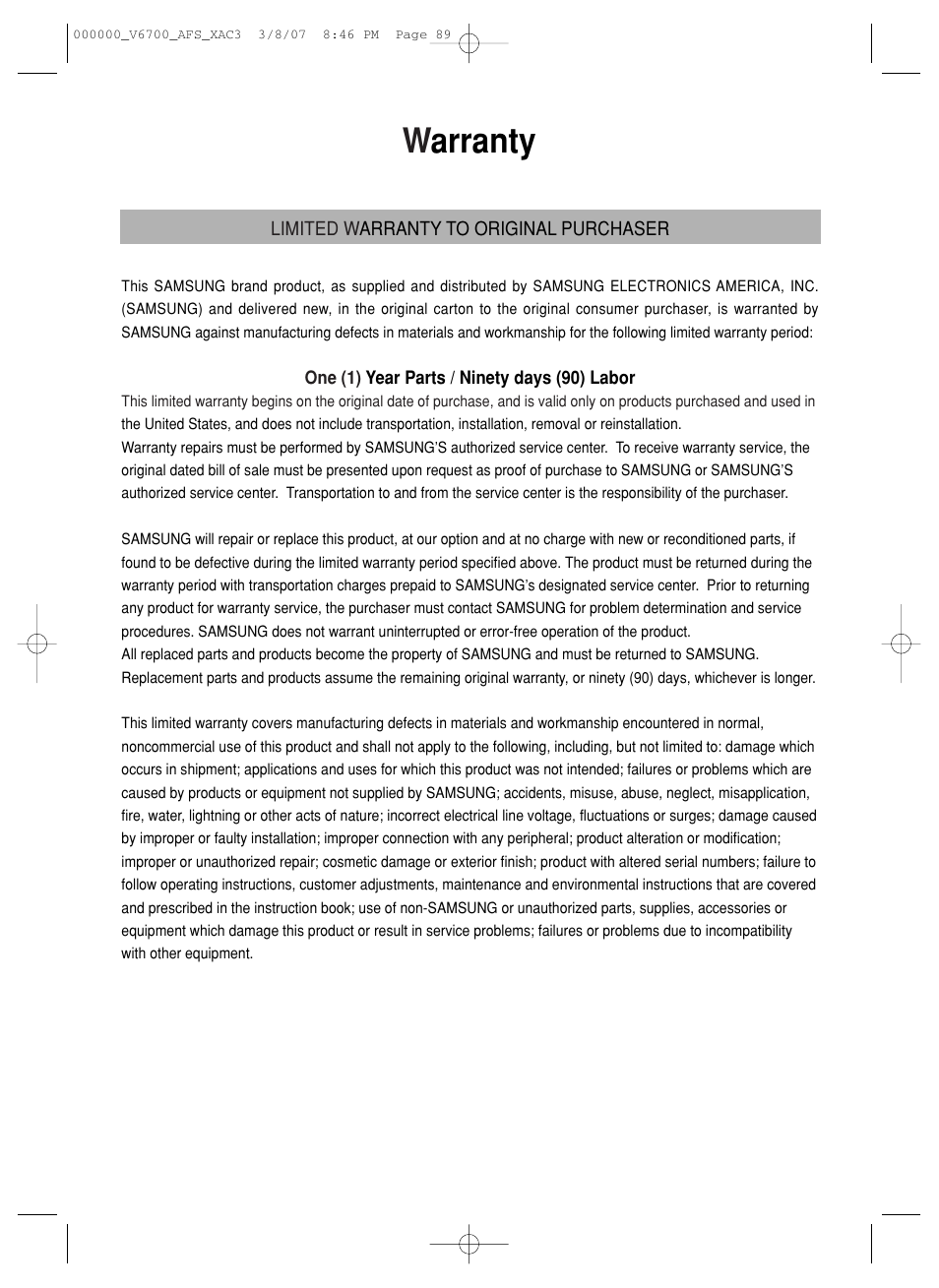 Warranty | Samsung V6700 User Manual | Page 89 / 90