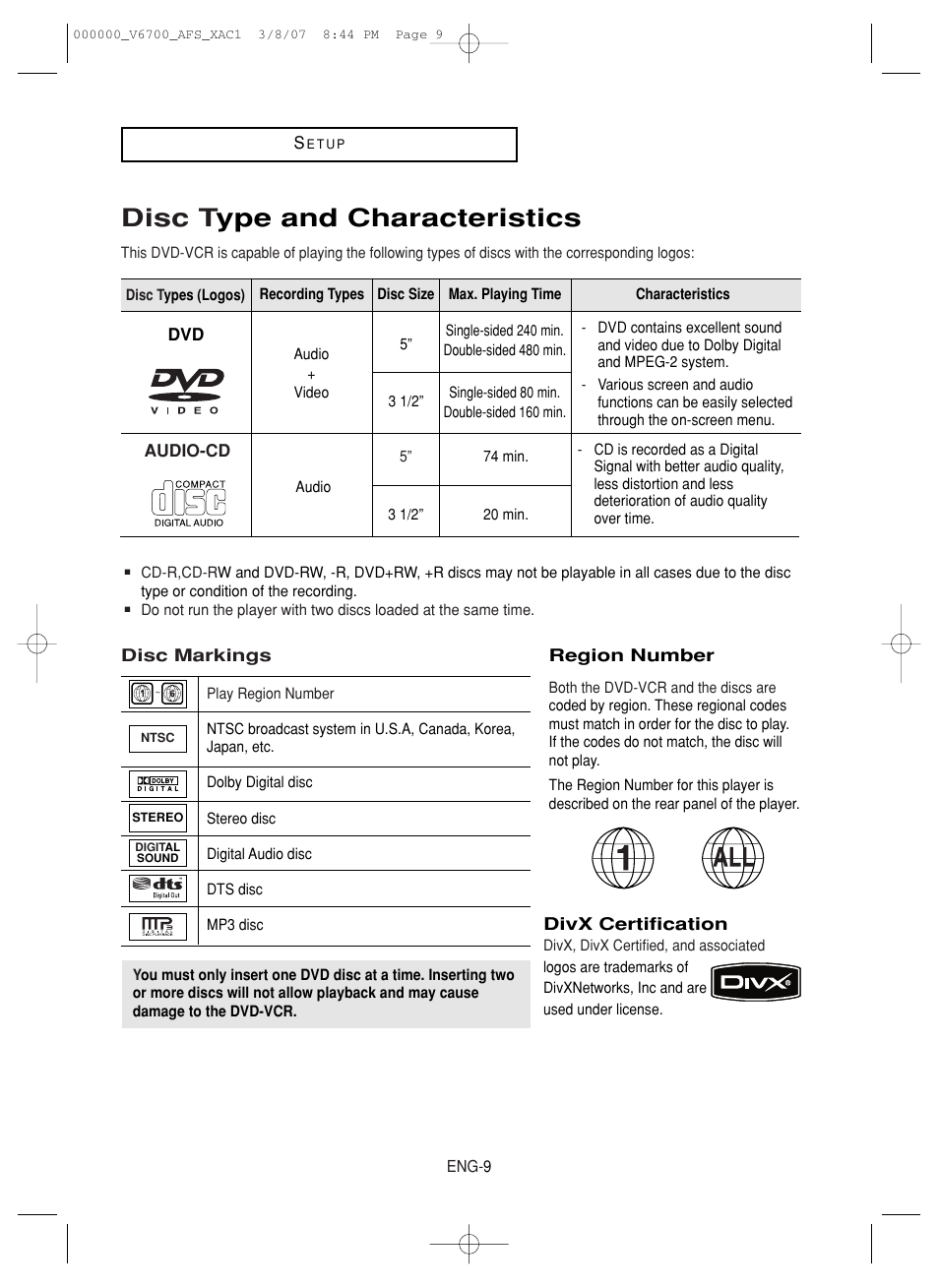 Disc type and characteristics, Disc t ype and characteristics | Samsung V6700 User Manual | Page 9 / 90