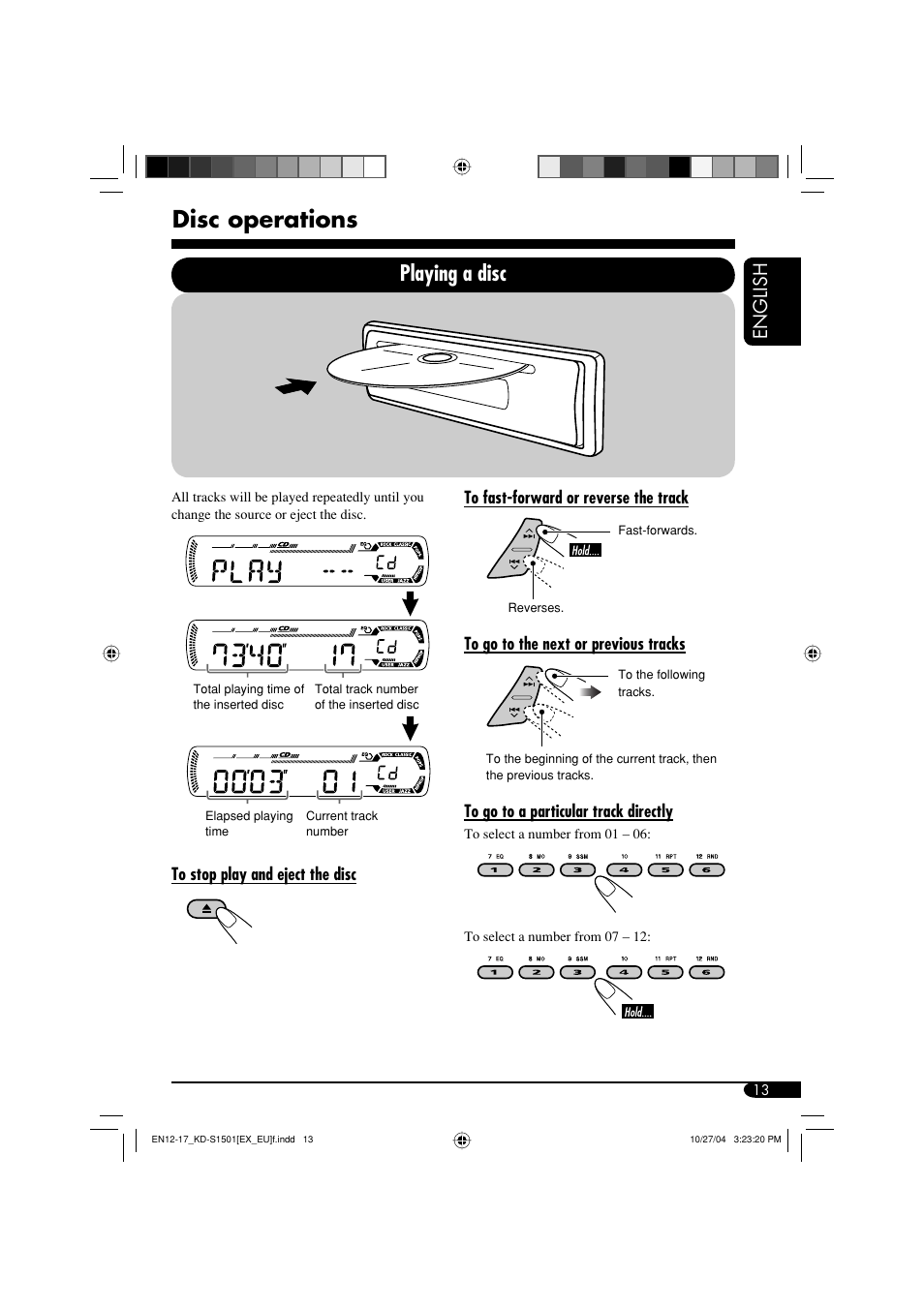 Disc operations, Playing a disc, English | JVC KD-G151 RU User Manual | Page 13 / 68