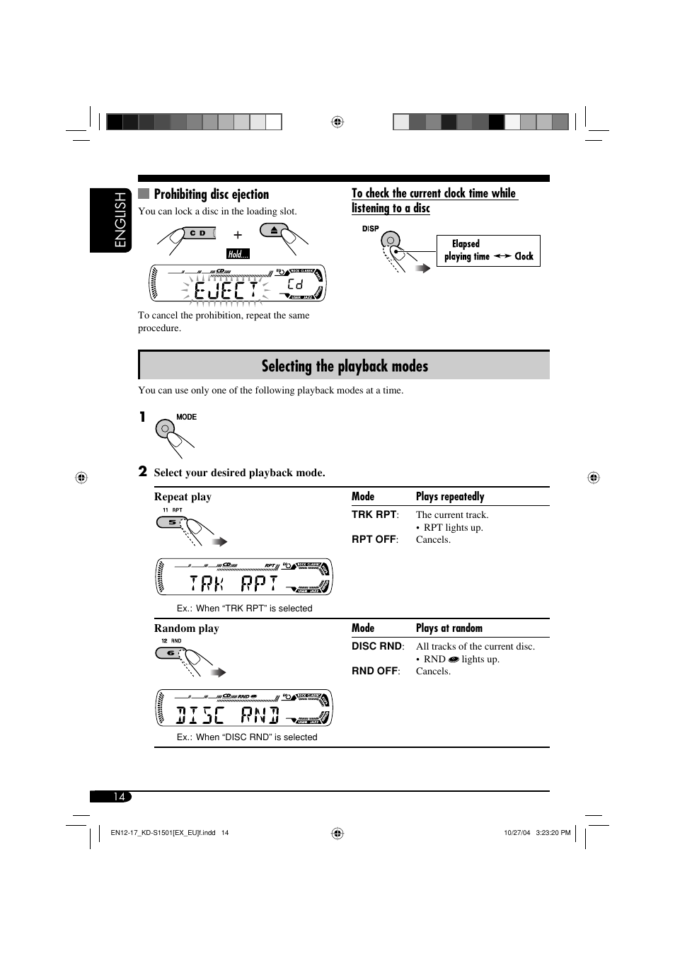 Selecting the playback modes, English prohibiting disc ejection | JVC KD-G151 RU User Manual | Page 14 / 68