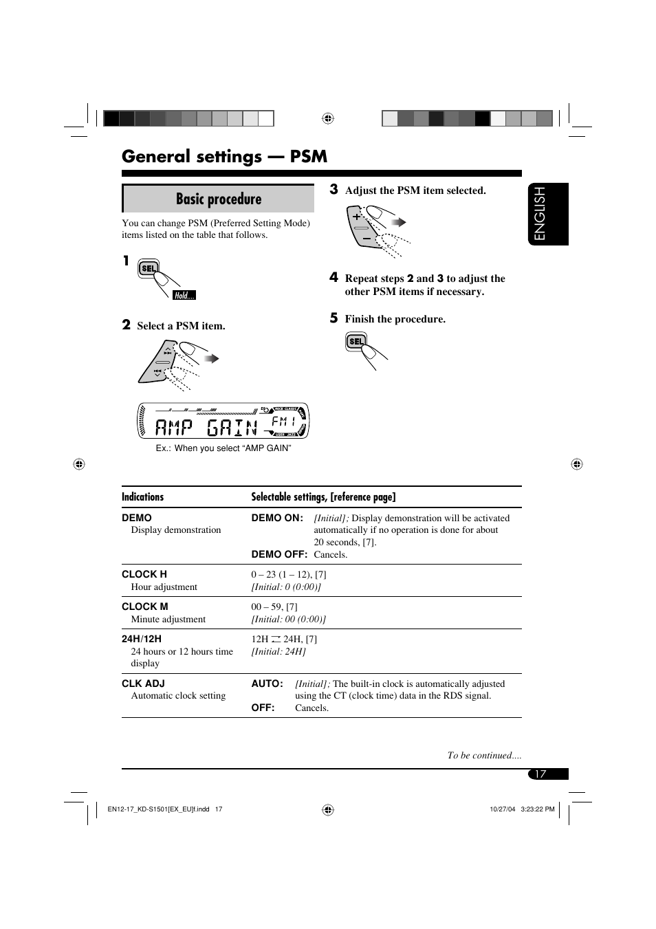 General settings — psm, Basic procedure, English | JVC KD-G151 RU User Manual | Page 17 / 68