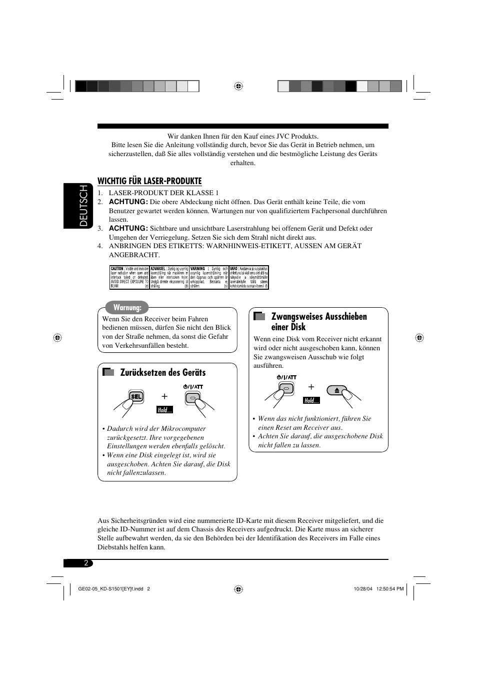 Deutsch, Zurücksetzen des geräts, Zwangsweises ausschieben einer disk | JVC KD-G151 RU User Manual | Page 24 / 68