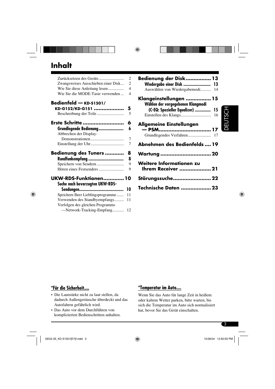 Inhalt, Deutsch | JVC KD-G151 RU User Manual | Page 25 / 68