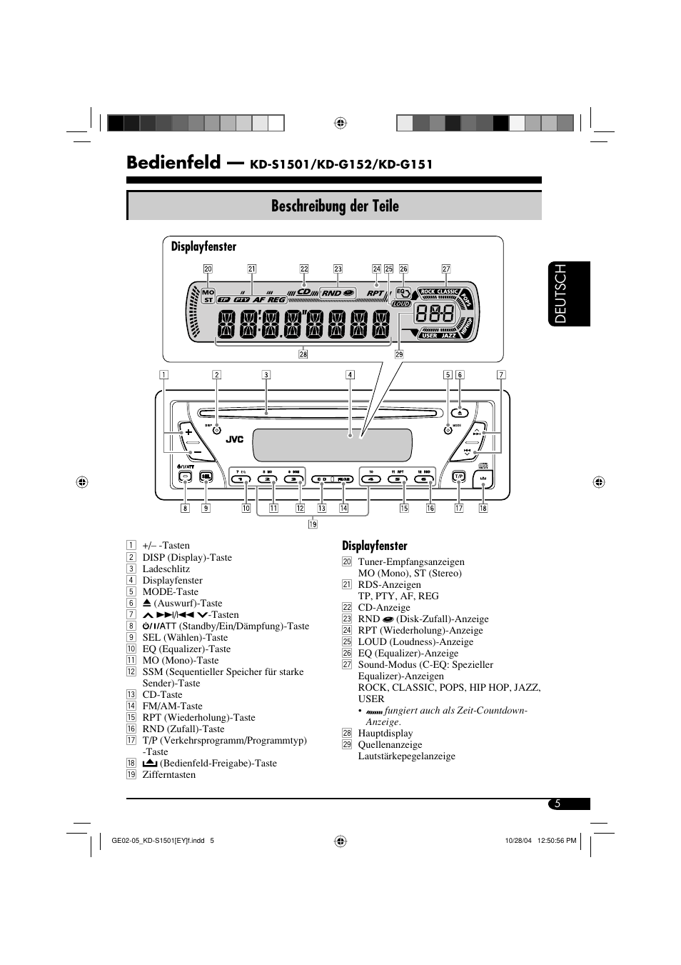 Bedienfeld, Beschreibung der teile, Deutsch | JVC KD-G151 RU User Manual | Page 27 / 68