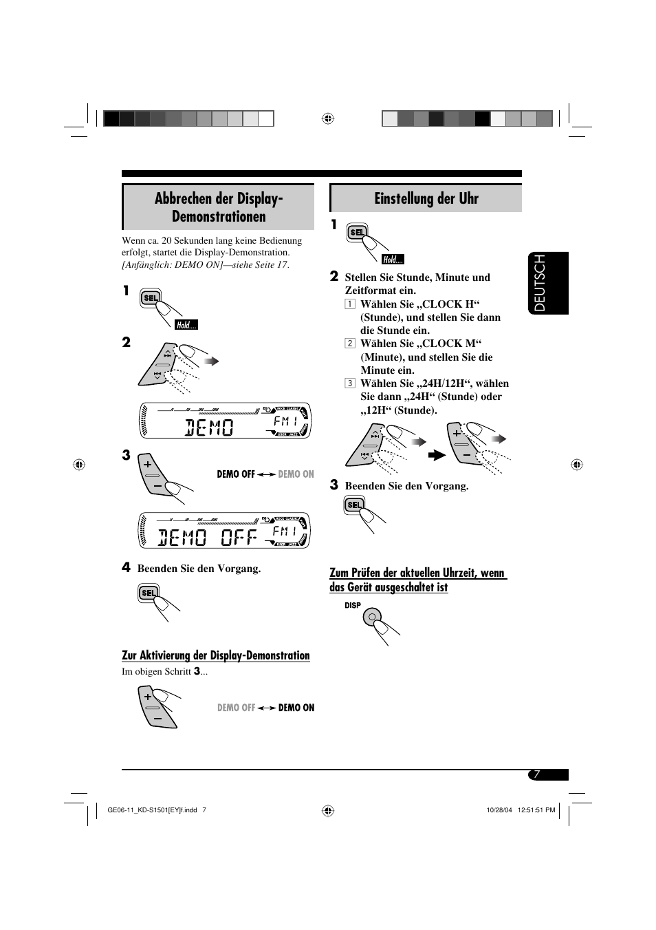 Abbrechen der display- demonstrationen, Einstellung der uhr | JVC KD-G151 RU User Manual | Page 29 / 68