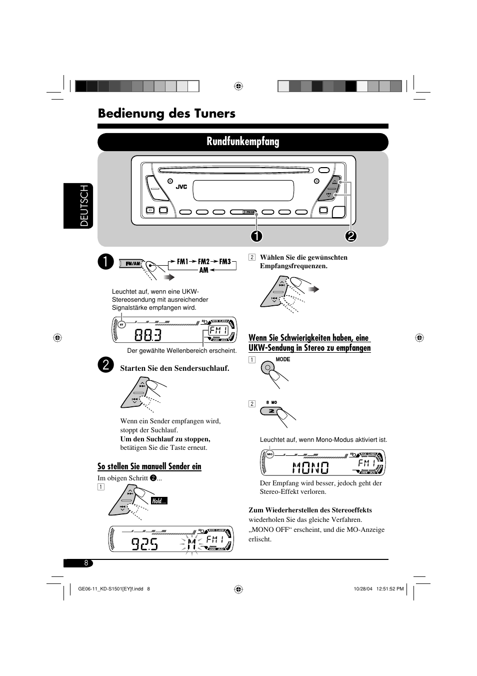 Bedienung des tuners, Rundfunkempfang | JVC KD-G151 RU User Manual | Page 30 / 68