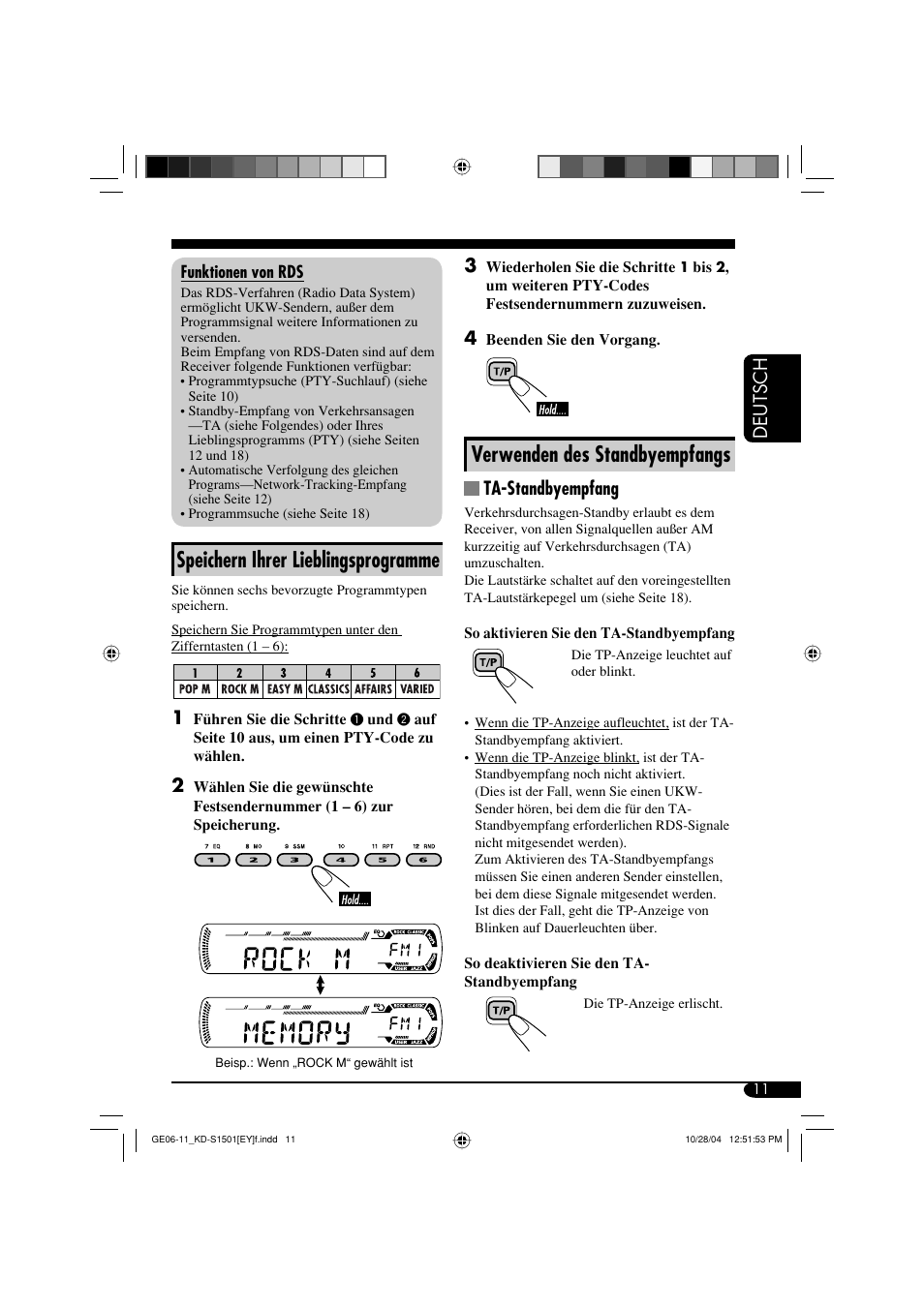 Speichern ihrer lieblingsprogramme, Verwenden des standbyempfangs, Deutsch | Ta-standbyempfang | JVC KD-G151 RU User Manual | Page 33 / 68