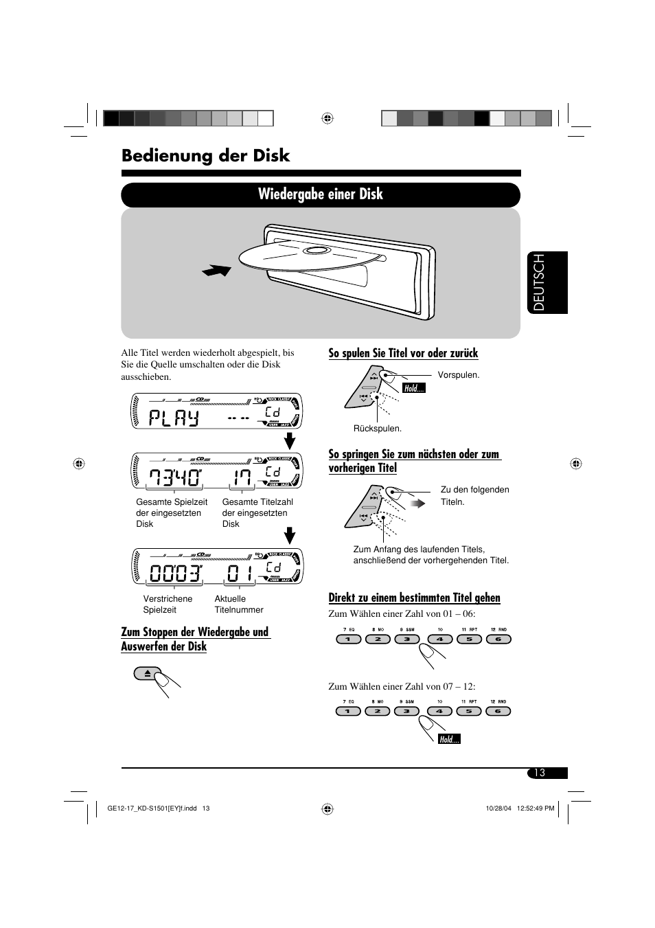 Bedienung der disk, Wiedergabe einer disk, Deutsch | JVC KD-G151 RU User Manual | Page 35 / 68